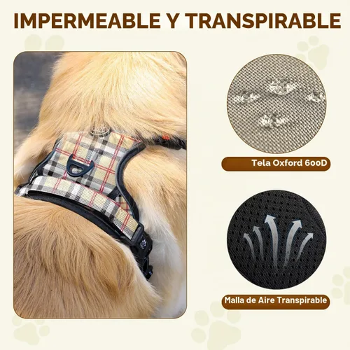 Vista 3 de FURRYFECTION Plaid Dog Harness with Leash and Seat Belt Set, Beige&White, M Tartán beige