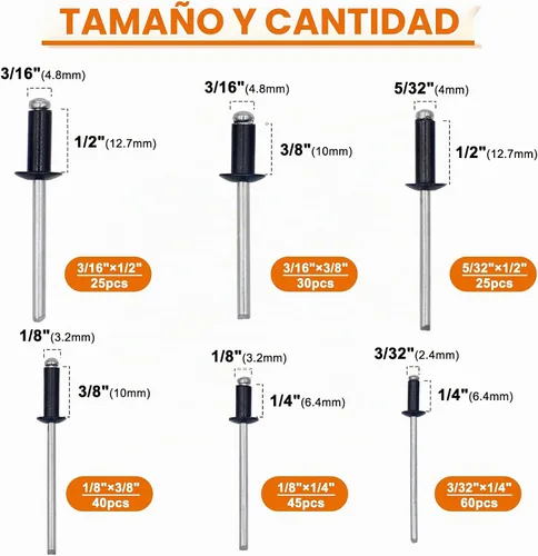 Vista 2 de ISPINNER Kit surtido de 225 remaches ciegos de aluminio negro con herramienta de remache manual resistente, 6 tamaños de remaches con divisor