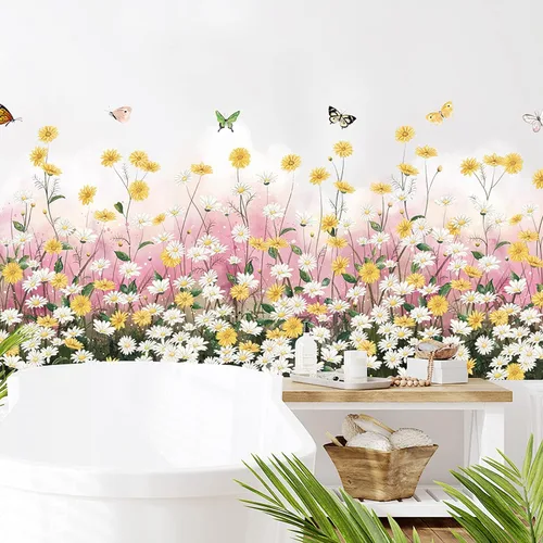 Vista 6 de Calcomanías de pared de flores de margarita, calcomanías de pared extraíbles de mariposa para despegar y pegar, calcomanías de pared florales