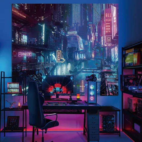 Vista 4 de Tapiz de Pared de Ciudad Anime Punk para Dormitorio, Tapices Japoneses Futuristas de Calle Nocturna de Neón Ciberpunk Estéticos, Fondo