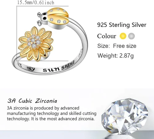 Vista 4 de VIFE Anillos de plata esterlina S925 para ansiedad para mujer, anillo abierto ajustable, circonita cúbica 3A, abejagirasol You are My Sunshine