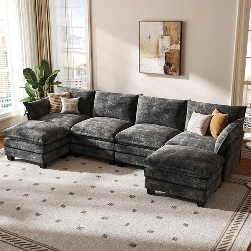 Vista 31 de KKL Sofá Cama Seccional Modular Grande de 91.3", Sofá Cama Convertible en Forma de J/L de 6 Plazas Sofá Nube con Otomana, Sofás Seccionales