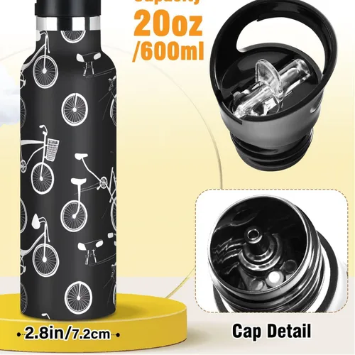 Vista 2 de Kids Water Bottle with Straw for School Leakproof Sports Water Bottle for Boys Girls 20oz, BPA-Free, Bicycles Black White