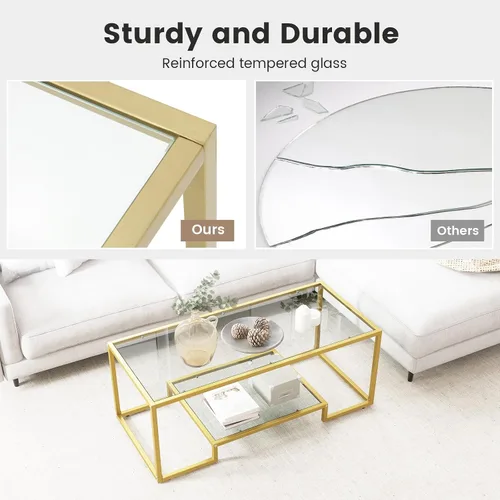 Vista 5 de NAFORT Mesa de centro de cristal templado, mesa central moderna rectangular dorada de 45 pulgadas con estante de almacenamiento inferior