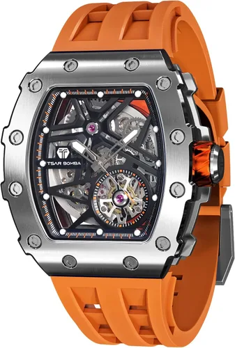 Vista 28 de Tsar Bomba Men's Automatic Watch Tonneau Luxury Skeleton Watch for Men Mechanical 50M Waterproof Wristwatch Gift for Men 08tc-whi