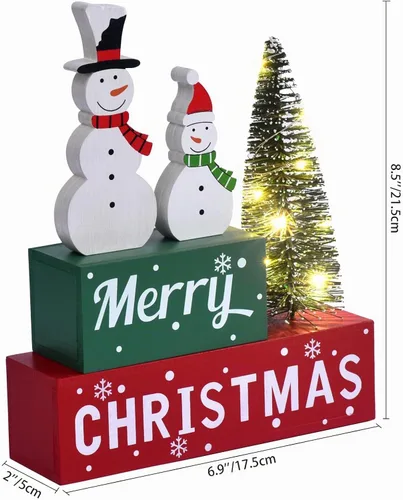 Vista 2 de Decoración de Navidad Feliz para interiores, letrero de mesa de muñeco de nieve de madera de Navidad, decoración de árbol de Navidad iluminada