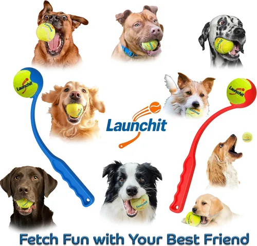 Vista 4 de Lanzador de pelotas para perros, lanzador de pelotas de tenis, diseño compacto de 13.8 pulgadas con pelota mediana de 2.5 pulgadas (azul)