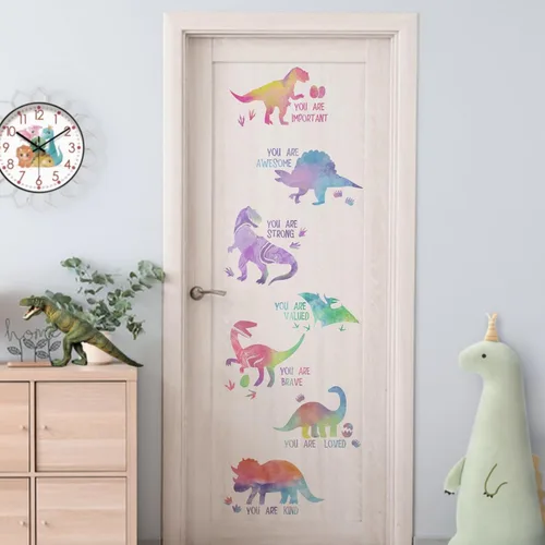 Vista 5 de Yovkky Calcomanías inspiradoras de pared de dinosaurio degradado pastel, con cita motivacional de dinosaurio, decoración neutra para guardería