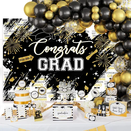 Vista 2 de Mocsicka Telón de fondo de graduación de 7 x 5 pies – Congrats Grad Black Gold 2026 decoraciones de fiesta de graduación, fondos de fotografía