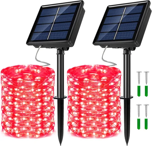 Vista 9 de Guirnalda de luces LED con energía solar actualizada, 8 modos, resistente al agua, IP65, iluminación intermitente, para interior y exterior, Azul