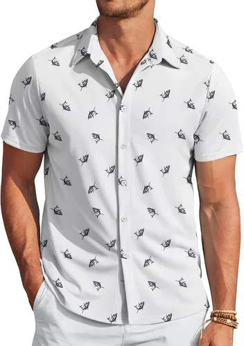 Vista 18 de COOFANDY - Camisas sin arrugas para hombre, casual, manga corta, con botones, de verano, elástica, de vestir