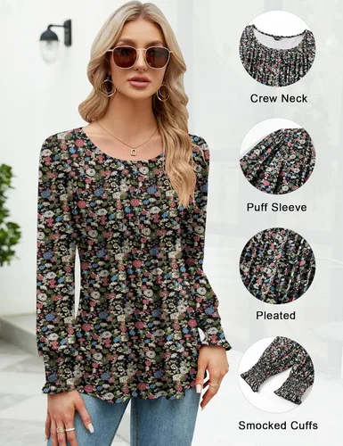 Vista 2 de LOMON Blusa de manga larga y corta para mujer, plisada, cuello redondo, estilo casual, holgada, para otoño