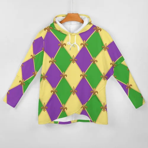 Vista 3 de Sudadera con capucha para mujer, diseño de Mardi Gras, de gran tamaño, de manga larga, informal, de moda