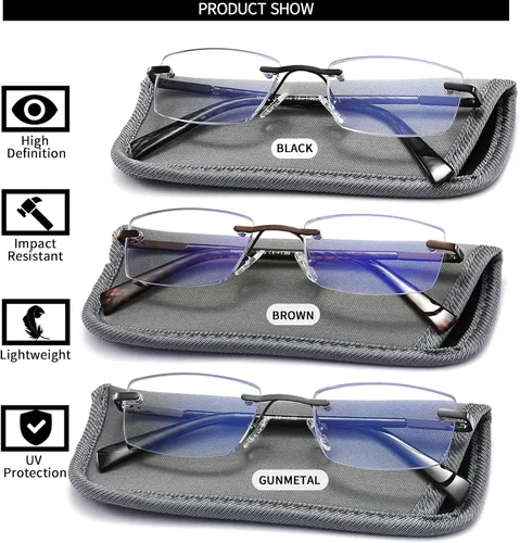 Vista 2 de Paquete de 3 lentes de lectura para hombre, bloqueo de luz azul, lectores de anteojos ligeros de metal sin montura para hombre, antifatiga ocular