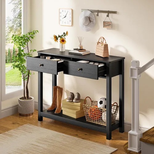 Vista 7 de Gizoon Mesa consola con 2 cajones, mesa de entrada de madera de 2 niveles con estantes de almacenamiento, mesa de sofá de madera de 39 pulgadas