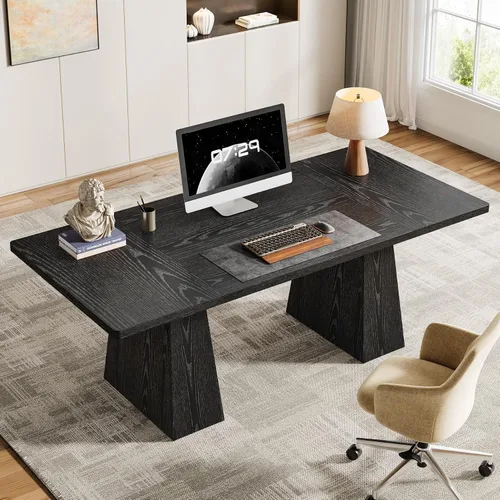 Vista 4 de Tribesigns Escritorio ejecutivo de 63 pulgadas, moderno escritorio negro para computadora de oficina con doble pedestal resistente, mesa de estudio