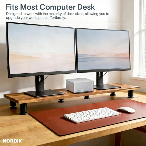 Vista 3 de Nordik - Elevador grande de doble monitor para 2 – 42.5 pulgadas de madera dura de acacia hecha a mano – Estante de madera organizador de escritorio