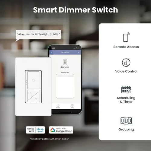 Vista 4 de Feit Electric - Interruptor de luz inteligente WiFi regulable con control remoto, unipolar/3 vías/4 vías, control de voz con Alexa y Google Asst