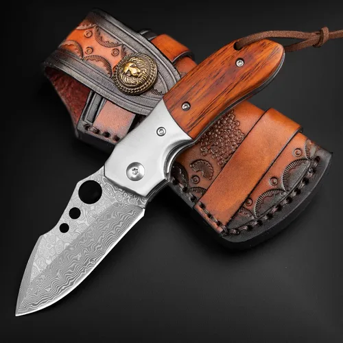 Vista 4 de NedFoss Navaja de bolsillo de Damasco para hombres, navaja de bolsillo forjada a mano con hoja de acero VG10 de Damasco con mango de madera, clip