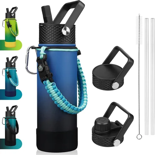 Vista 36 de BJPKPK - Botella de agua con tapa de popote, botellas de agua aisladas de 18 onzas con 3 tapas, asa de cuerda de paracaídas y base antideslizante