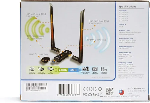 Vista 4 de ALFA Network AWUS036ACM Adaptador USB Wi-Fi inalámbrico de banda dual AC1200 de largo alcance y amplia cobertura con antena externa de alta