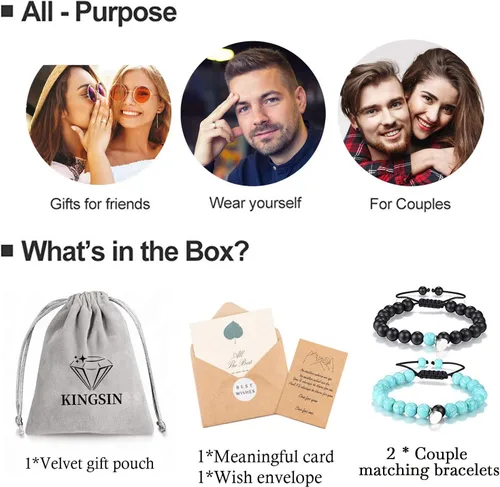 Vista 4 de KINGSIN - Juego de pulseras magnéticas de atracción mutua para parejas, brazaletes de ágata mate, dije de voto de amor eterno, ajustables, joyería