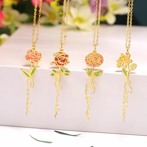 Vista 4 de Birth Flower Name Necklace Personalized 18K Gold Plated Birth Month Flower Necklace Dainty Flower Necklace Custom Jewelry Mothers Birthday Christmas