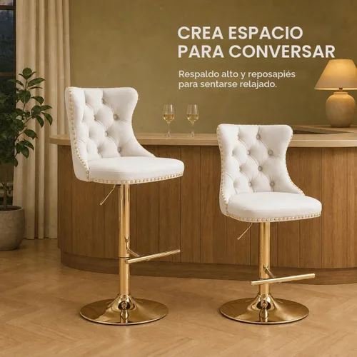 Vista 9 de Juego de 2 taburetes de bar giratorios de altura de mostrador, taburetes de bar de isla de cocina color crema, sillas de terciopelo ajustables