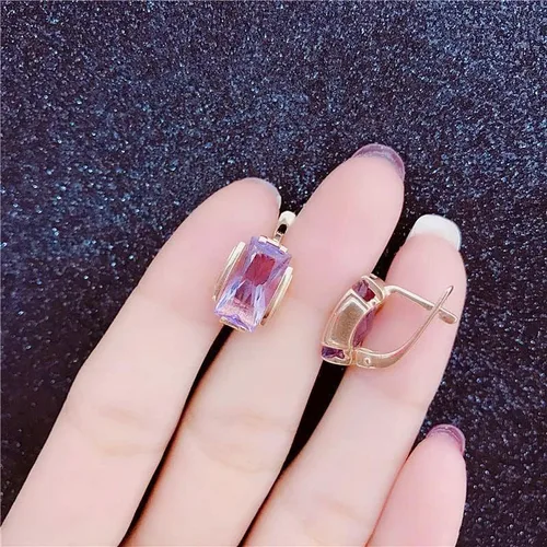 Vista 4 de SAGEKING 2024 New 585 Purple Gold Plated 14K Rose Gold Inlaid Square Amethyst Earrings For Women Romantic Engagement Jewelry Fashion Accessories