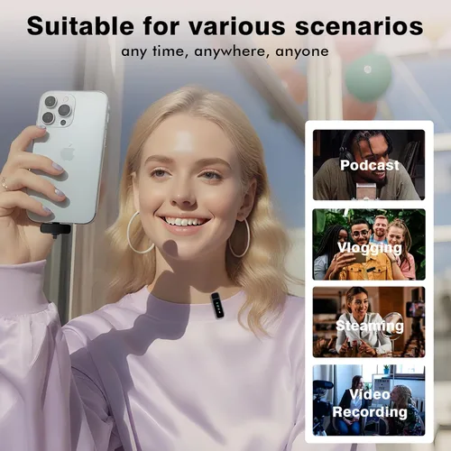 Vista 7 de Micrófono Lavalier inalámbrico para iPhone/Android - Mini micrófono dual con cancelación de ruido con funda de carga (30H), micrófono de clip