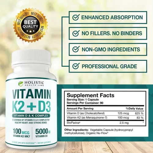 Vista 6 de Vitamina K2 + D3 de absorción máxima (5000UI), 90 cápsulas vegetales de MK-7 (Menaquinona-7) y colecalciferol (con BioPerina) Suministro de 3 meses