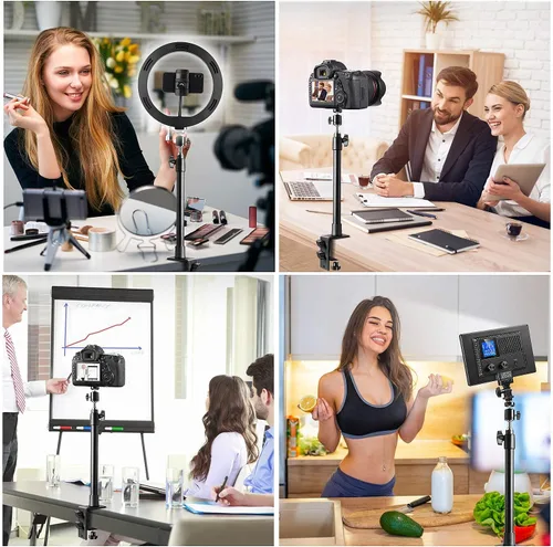 Vista 2 de Soporte de mesa de escritorio para cámara de 14 a 25.5 pulgadas con cabezal de bola giratorio de 360°, soporte de luz de escritorio ajustable