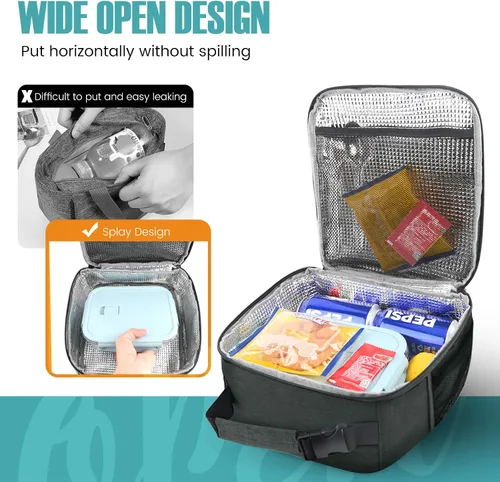 Vista 3 de Lonchera para hombres y mujeres, lonchera reutilizable para adultos, pequeña lonchera aislada, bolsa de almuerzo para oficina, trabajo, picnic, Negro