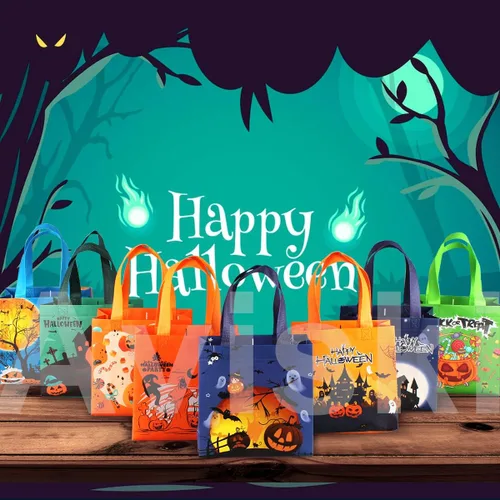 Vista 7 de Aviski 16 bolsas de Halloween para dulce o truco, pequeñas bolsas de regalo no tejidas con asas para envolver regalos, suministros de fiesta