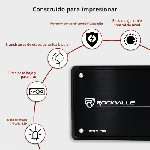 Vista 5 de Rockville Atom P60 Amplificador de 2 canales para coche/ATV, 1200 W RMS, pico de 4800 W