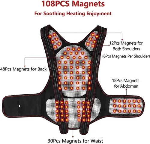 Vista 4 de Soporte magnético para la espalda, chaleco de terapia de autocalentamiento, soporte de espalda completa, 108 piezas, imanes, corrector de espalda
