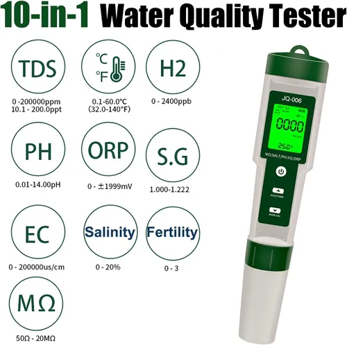 Vista 4 de Medidor de pH para agua,10 en 1 Digital Ph Tester Pen luz trasera, ATC ± 0.01 Resolución Alta precisión