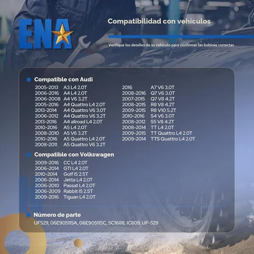 Vista 7 de ENA Bobinas de encendido UF529 compatibles con 2.0T Audi A4 A6 Volkswagen VW CC Passat GTI 2008 2009 2010 2011 2012 2013 2014 2015 2016 2.0 paquetes