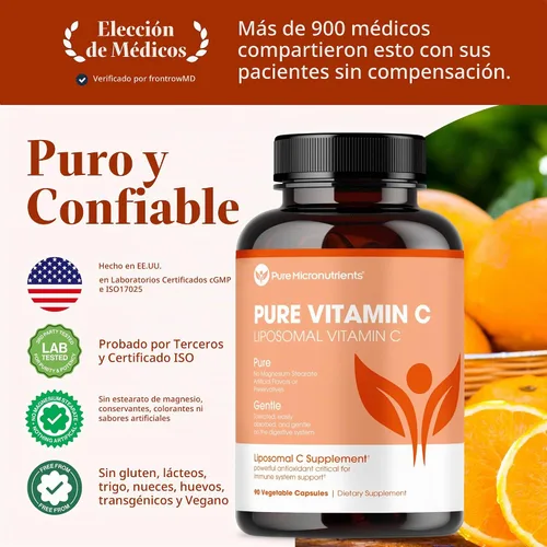 Vista 2 de Pure Micronutrients Vitamina C liposomal pura, suplemento de 1400 mg, 90 cápsulas, píldoras de ácido ascórbico VIT C de alta absorción