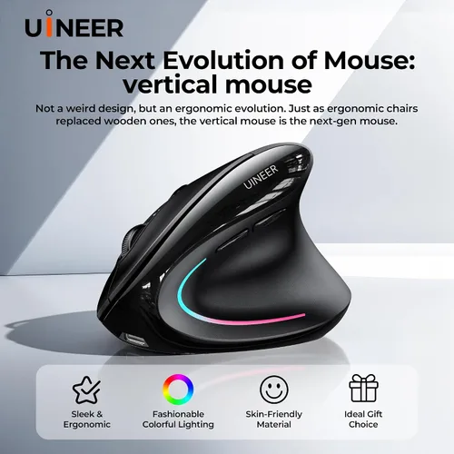 Vista 7 de Uineer Ratón ergonómico inalámbrico, mouse vertical recargable con Bluetooth, 7 LED de color, 4 DPI ajustables, receptor USB-A, alivio de tensión
