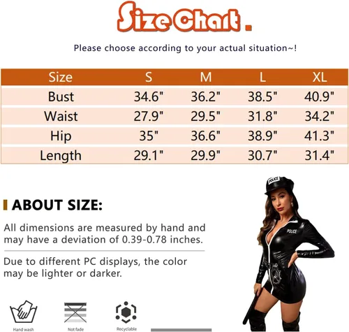 Vista 6 de Womens Police Officer Costume Black PU Leather Dress Sexy 2022 Cop Halloween Christmas Costumes for Women