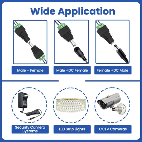 Vista 4 de 10 pares (10 x macho + 10 x hembra) 0.217 in x 0.083 in 12V DC conector adaptador de enchufe para tira LED, cable de cámara de seguridad CCTV