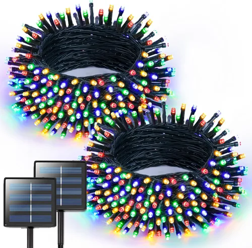 Vista 21 de JMEXSUSS - Paquete de 2, luces solares de Navidad cálidas y multicolor para exteriores, cada una con 100 LED, 10 metros, luces solares impermeables