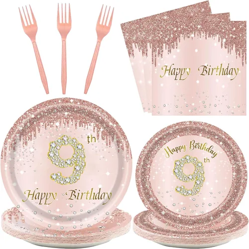 Vista 9 de 24 juegos de decoración de cumpleaños de oro rosa para niñas 1 juego de platos y servilletas y tenedores suministros de fiesta para niños de 1 año