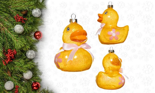 Vista 3 de Juego de 2 adornos de pato de goma de vidrio soplado a mano para árbol de Navidad, lindo adorno de Navidad de pato de goma de vidrio colgante