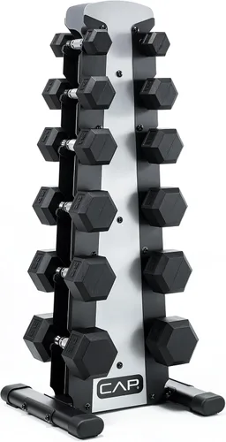 Vista 15 de CAP Juego de mancuernas hexagonales con revestimiento de goma con estante de almacenamiento, opciones de 100 a 210 libras, almacenamiento compacto