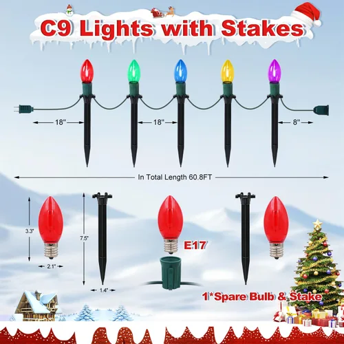 Vista 2 de USOKYO Luces LED C9 de 60 pies para caminos de Navidad al aire libre, 40 bombillas multicolor, impermeables, conectables, luces extralargas