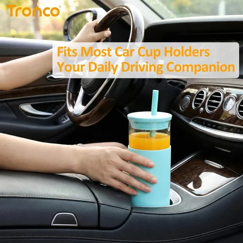 Vista 3 de Tronco Vaso de vidrio de 20 onzas con tapas y pajitas, vasos reutilizables para batidos con tapa de silicona, taza de café helado con funda