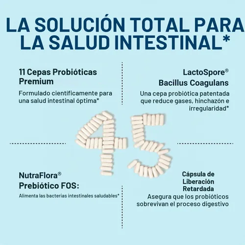Vista 2 de Fórmula probiótica de grado clínico PRO45: 45 mil millones de UFC, 11 cepas patentadas Libre de lácteos. Cápsulas vegetarianas de liberación