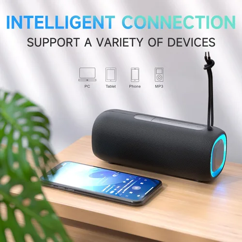 Vista 6 de Altavoz Bluetooth portátil, altavoz Bluetooth inalámbrico con sonido estéreo claro y fuerte, altavoces impermeables IPX5 con luces RGB, BT5.3, largo